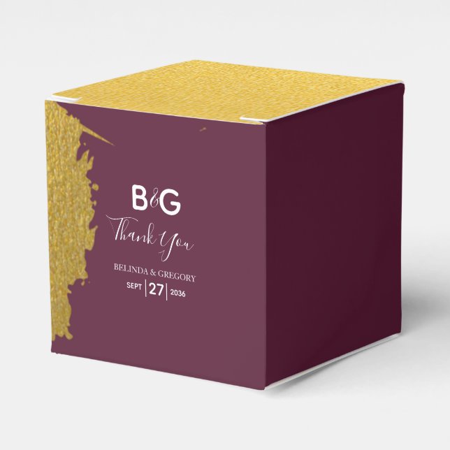 Faux Gold Burgundy, Monogram Wedding Favor Boxes (Front Side)
