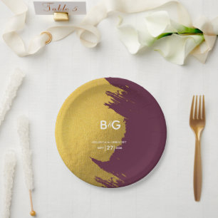 Faux Gold Burgundy, Monogram Wedding Paper Plates