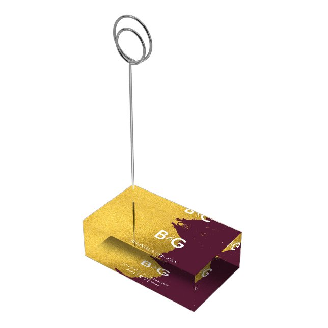 Faux Gold Burgundy Monogram Wedding Table Number Place Card Holder (Corner)