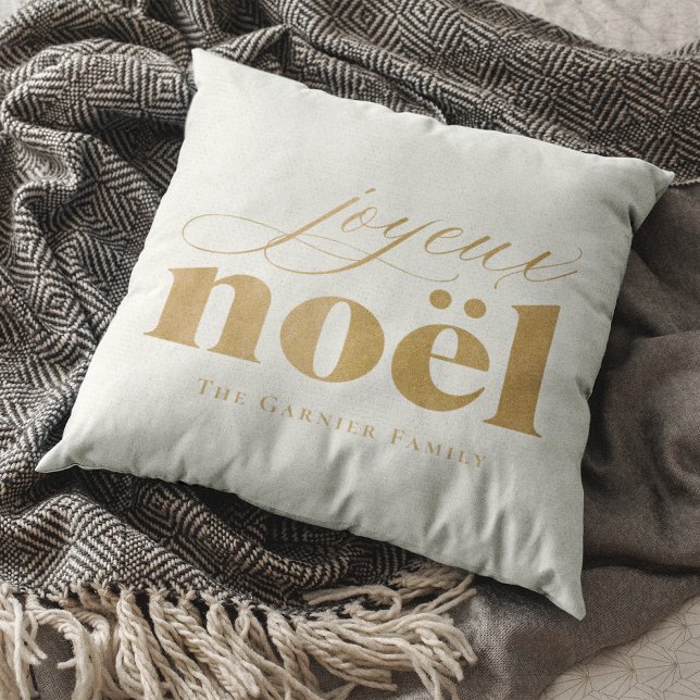 Faux gold burlap joyeux noël Custom Name Christmas Throw Pillow (Faux gold burlap joyeux noël Custom Name Christmas Throw Pillow)
