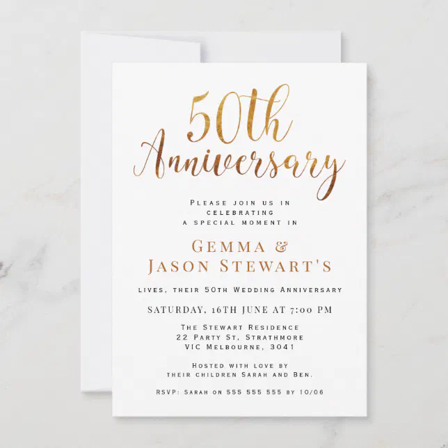 Faux Gold Calligraphy 50th Wedding Anniversary Invitation | Zazzle