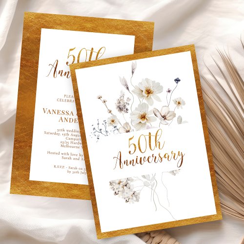 Faux Gold Calligraphy Floral 50th Anniversary Invitation