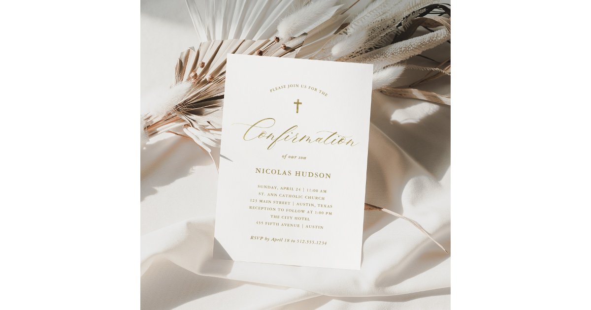 Faux Gold Calligraphy Gender Neutral Confirmation Invitation | Zazzle
