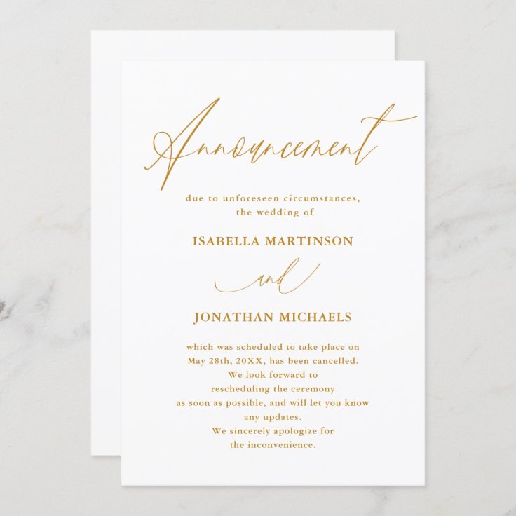 Faux Gold Calligraphy Wedding Cancellation Invitation | Zazzle