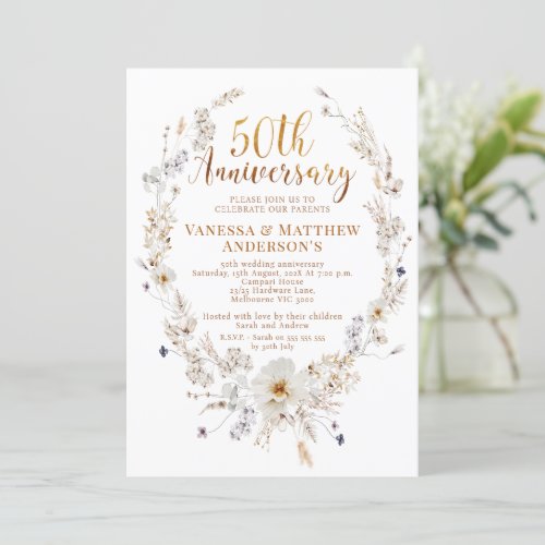 Faux Gold Calligraphy Wildflower 50th Anniversary Invitation