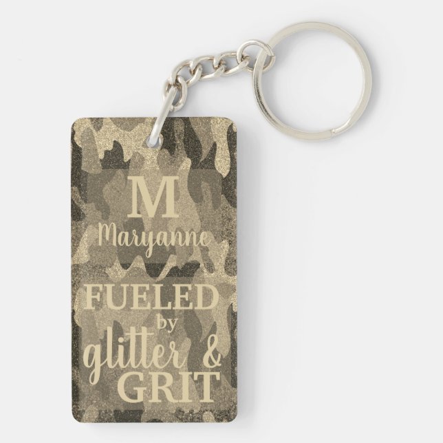 Faux Gold Camouflage Glitter Metallic Camo Name Keychain (Back)