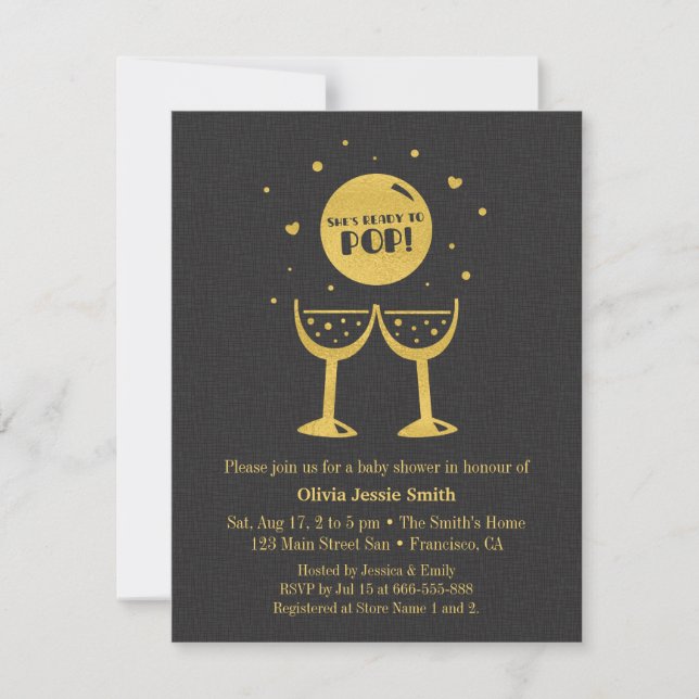 Faux Gold Champagne Glass Ready to Pop Baby Shower Invitation (Front)