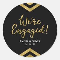 Faux Gold Chevron We're Engaged Engagement Classic Round Sticker