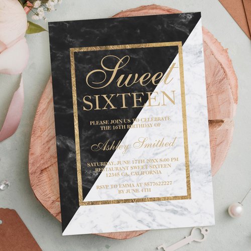 Faux gold chic black white marble block Sweet 16 Invitation