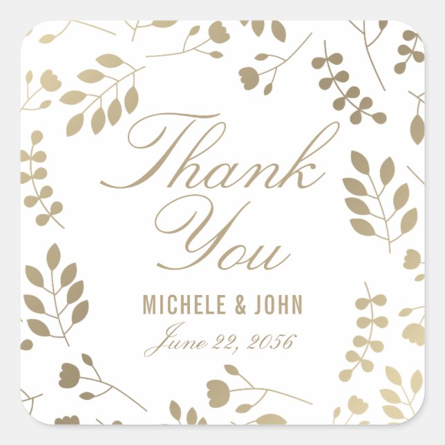Faux Gold Chic Botanical Thank You Favor Sticker (Front)
