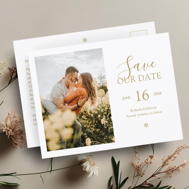 Faux Gold | Chic Minimal Save the Date Photo  Postcard (Creator Uploaded)