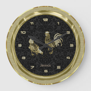 Faux Gold Chickens With Black Background 2 Large Clock