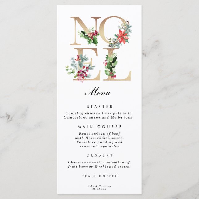 faux gold christmas holiday wedding menu cards (Front)