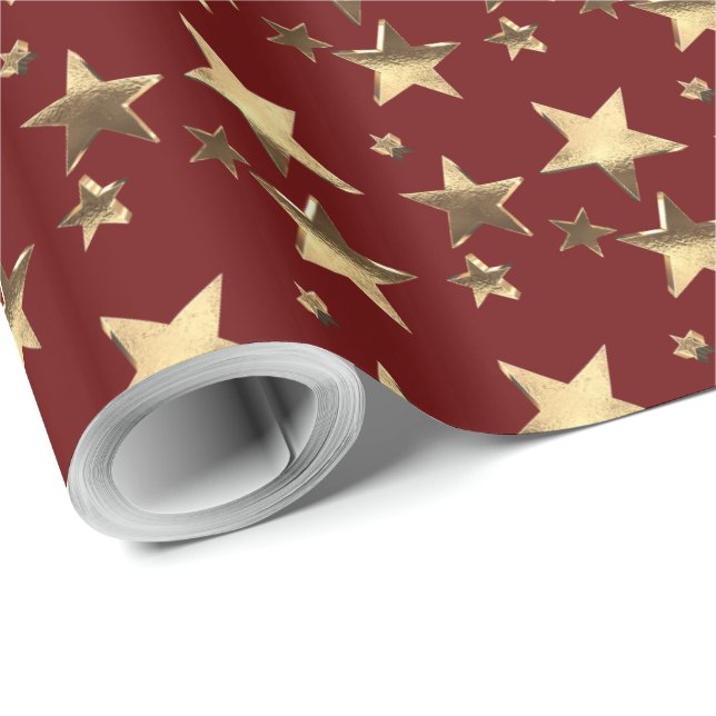 Faux Gold Christmas Stars Pattern Burgundy Red Wrapping Paper (Roll Corner)
