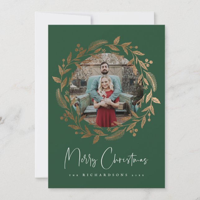 Faux Gold Christmas Wreath Holiday Photo Card (Front)