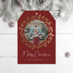 Faux Gold Christmas Wreath Holiday Photo Card<br><div class="desc">Traditional wreath illustration as photo frame in faux gold. "Merry Christmas" graphic can be scaled,  changed in color or deleted so you can add your own typed greeting. Burgundy color is editable.</div>