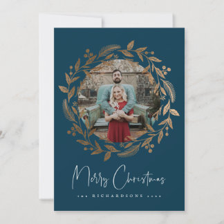 Faux Gold Christmas Wreath Holiday Photo Card