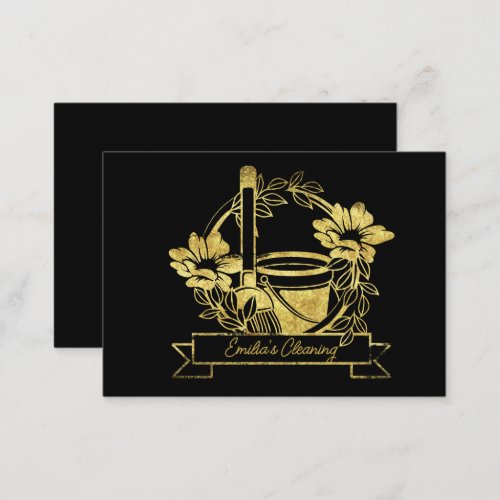 Faux Gold Cleaning Floral Broom Pail Logo Business Card