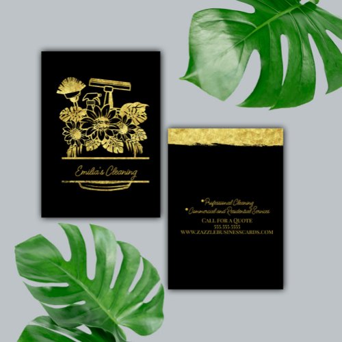 Faux Gold Cleaning Floral Script Logo  Business Card