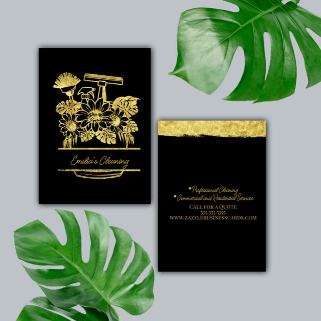 Faux Gold Cleaning Floral Script Logo  Business Card (Creator Uploaded)