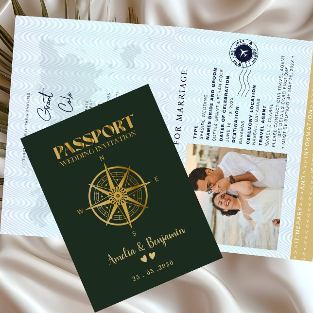Faux Gold Compass Travel passport destination Invitation (Creator Uploaded)