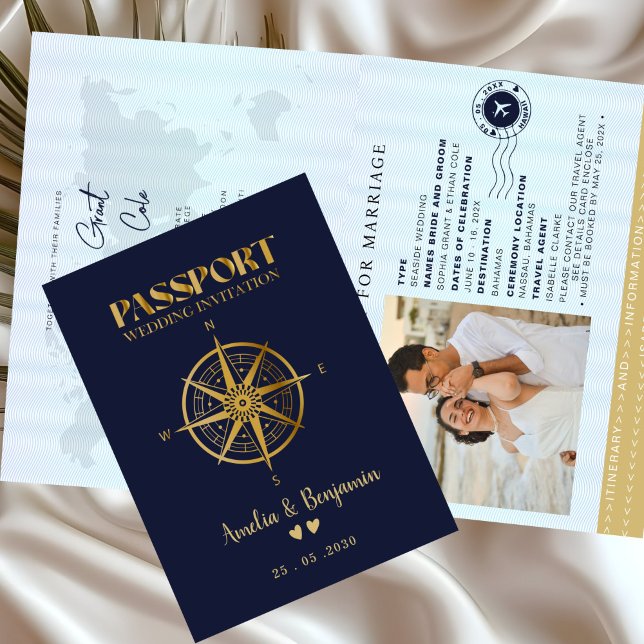 Faux Gold Compass Travel passport destination Invitation (Creator Uploaded)