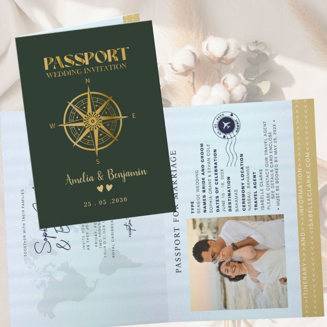 Faux Gold Compass Travel passport destination Invitation (Creator Uploaded)