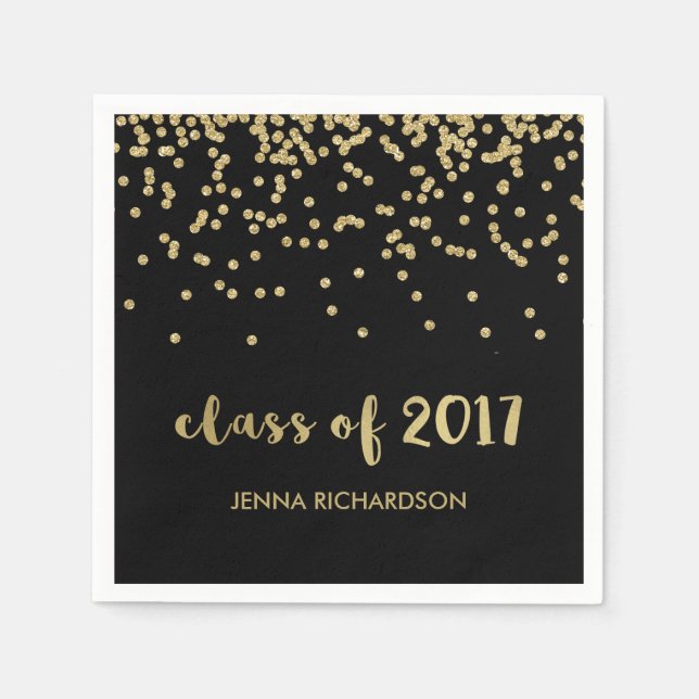 Faux Gold Confetti Black Class of 2017 Graduation Napkins (Front)