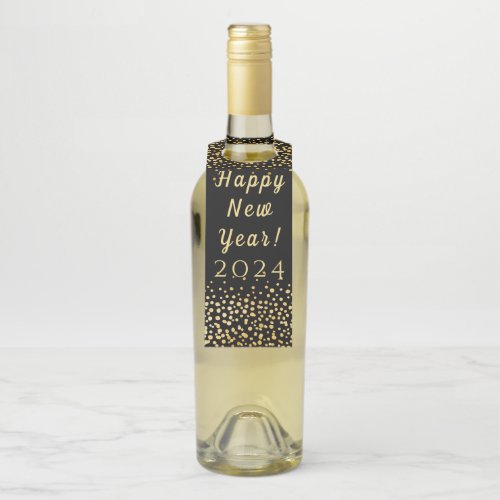 Faux Gold Confetti Black Happy New Year 2019 Bottle Hanger Tag