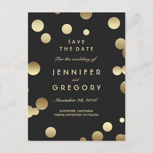 Faux Gold Confetti Black Save the Date Postcards