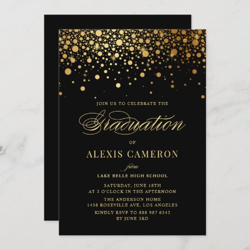 Faux Gold Confetti Dots Black Graduation Invitation