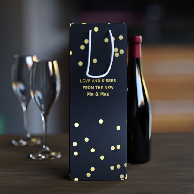 Faux Gold Confetti Dots Matte Black Wine Gift Bag (Creator Uploaded)