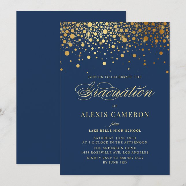 Faux Gold Confetti Dots Navy Blue Graduation Invitation (Front/Back)