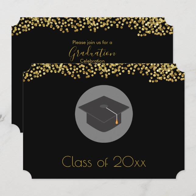 Faux Gold Confetti & Graduation Cap Class of 20xx Invitation (Front/Back)