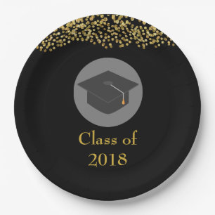 Faux Gold Confetti & Graduation Cap Class of 20xx Paper Plates