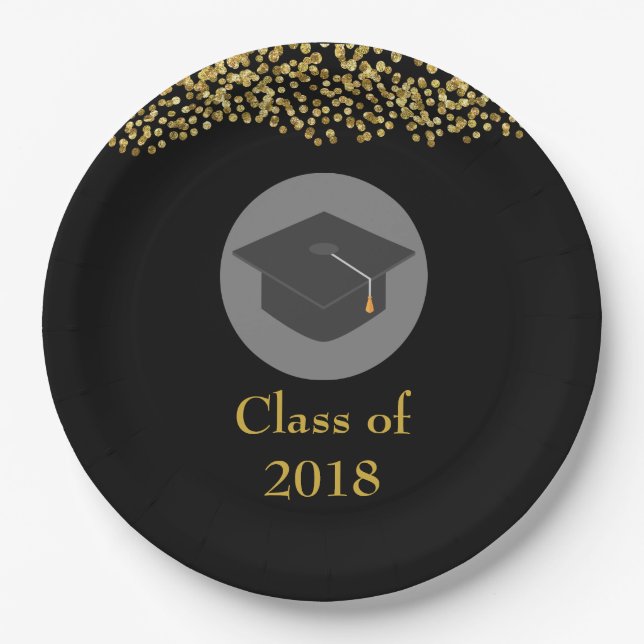 Faux Gold Confetti & Graduation Cap Class of 20xx Paper Plates (Front)