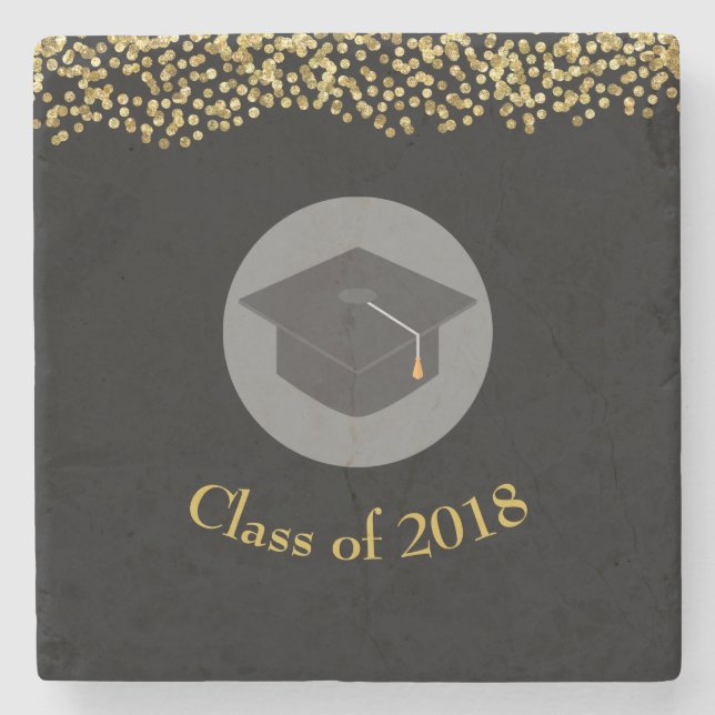 Faux Gold Confetti & Graduation Cap Class of 20xx Stone Coaster (Front)