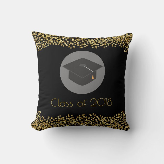 Faux Gold Confetti & Graduation Cap Class of 20xx Throw Pillow (Front)