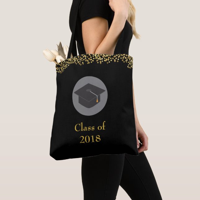 Faux Gold Confetti & Graduation Cap Class of 20xx Tote Bag (Close Up)