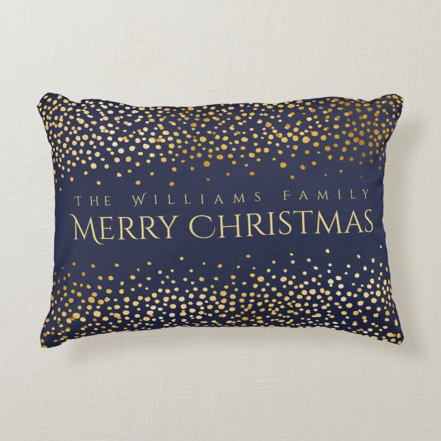 Faux Gold Confetti Merry Christmas Monogram Blue Accent Pillow (Front)