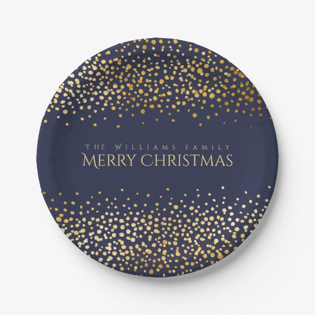 Faux Gold Confetti Merry Christmas Monogram Blue Paper Plates (Front)