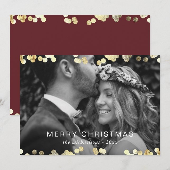 Faux Gold Confetti Merry Christmas Photo Red Holiday Card (Front/Back)