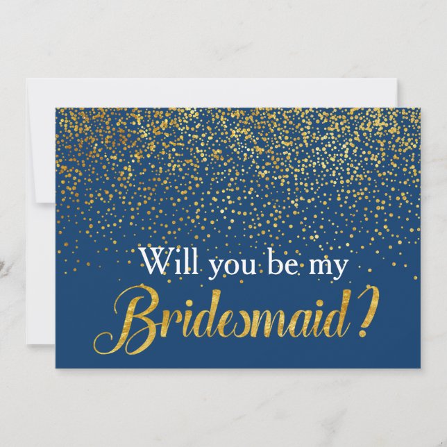 Faux Gold Confetti Navy Will you be My Bridesmaid Invitation (Front)