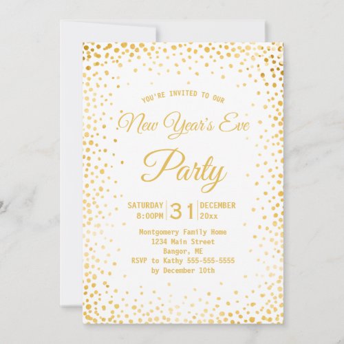 Faux Gold Confetti New Years Eve Party White Invitation