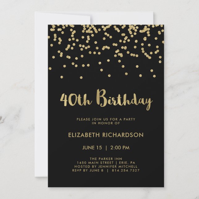 Faux Gold Confetti on Black | 40th Birthday Party Invitation (Front)