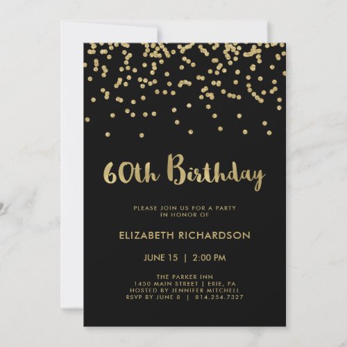 Faux Gold Confetti on Black  60th Birthday Party Invitation