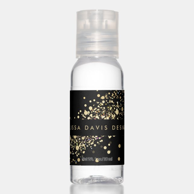 Faux Gold Confetti on Black Hand Sanitizer (Front)
