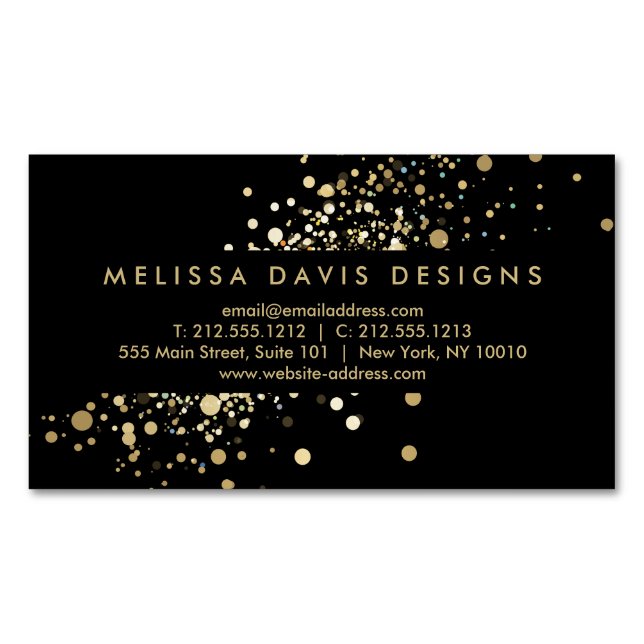 Faux Gold Confetti on Black Modern Business Card Magnet (Front)