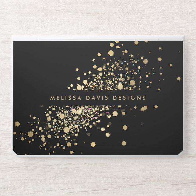 Faux Gold Confetti on Black Modern HP Laptop Skin (Front)