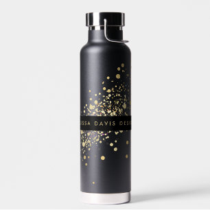 Faux Gold Confetti on Black Personalized Water Bottle
